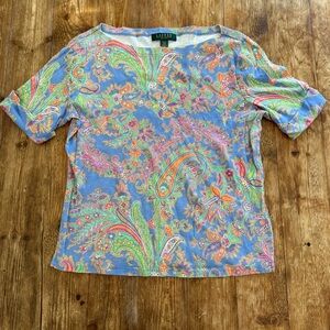 Ralph Lauren Cotton Multicolor Paisley Cuff Short Sleeve Boatneck Top Wm PL‎ EUC